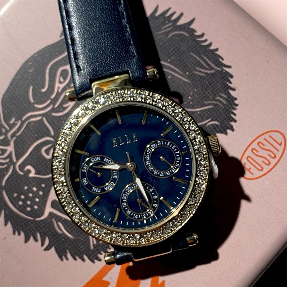 ELLE Marais Multifunction Blue Leather Watch – Women’s